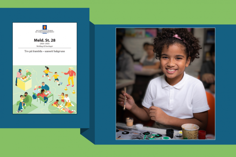 Forside av stortingsmedling og bilde av elev som maler.