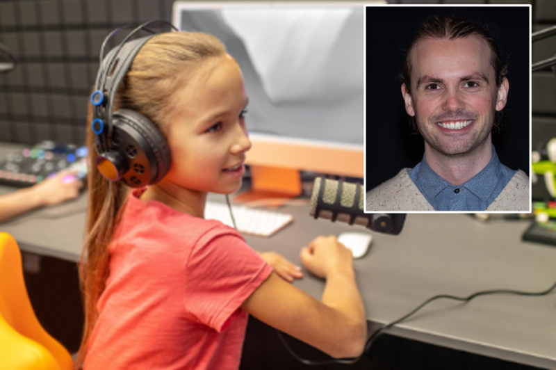 Elev ved pc samt portrettbilde av Jørn Hoel, Oppdal kommune.