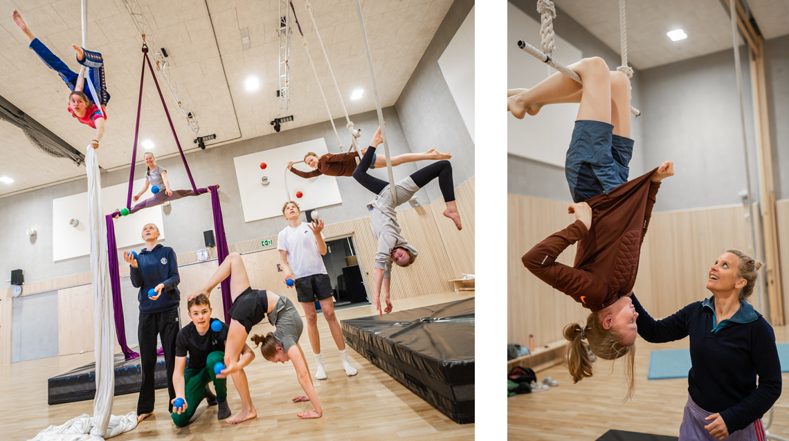 Bildet t.v.: Samtlige fordypningselever på sirkustilbudet. Bildet t.h.: Sirkuspedagog Seela Wanvik underviser Liv Ramsfjell. 